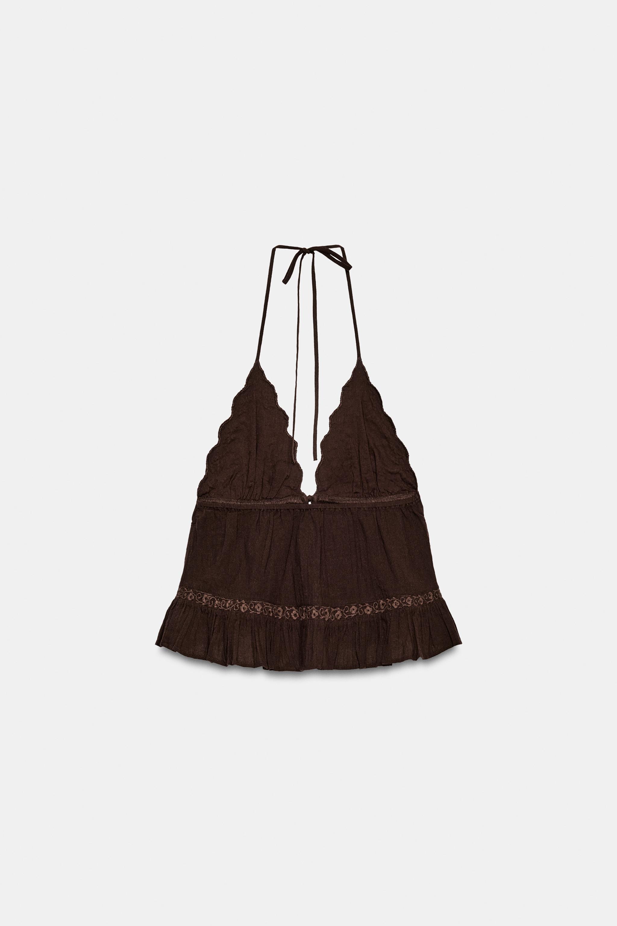 EMBROIDERED GAUZE HALTER TOP